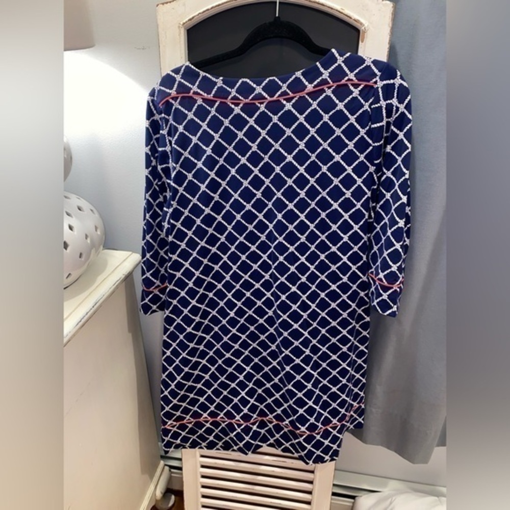 Lands' End Navy and White Lattice Print Dress with Pink Trim